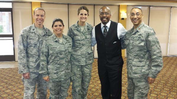 Together at the October luncheon are (l-r) Capt. Matt Kahley, USAF, chapter vice president for Young AFCEANs; Capt. Trish Pacheco, USAFNG, chapter secretary; Capt. Stacie Voorhees, USAF, chapter vice president for programs; Keith McIntosh, Pima Community College; and Maj. Brian Sroufe, USAF, chapter president. McIntosh addressed the chapter on the role of community college in meeting STEM education challenges for the Tucson area and beyond.